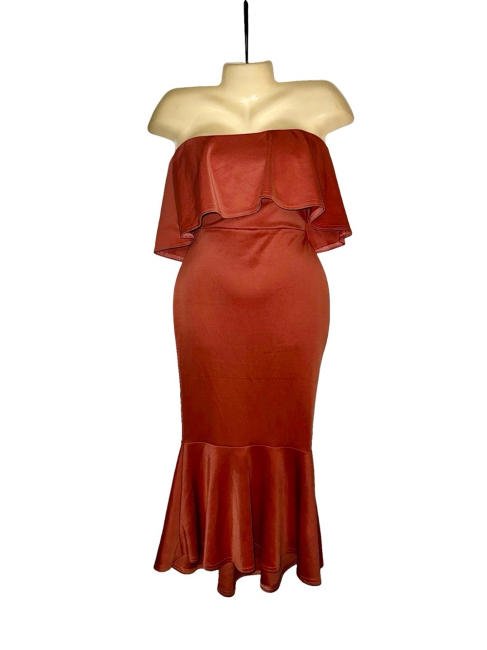 Boohoo Strapless Ruffle Mermaid Dress in Rust